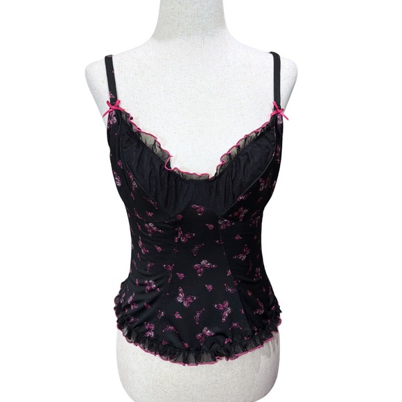 Victoria's Secret Tops - VTG Y2K 2005 Victoria's Secret Butterfly Corset Top Black Pink Mesh Trim Cami